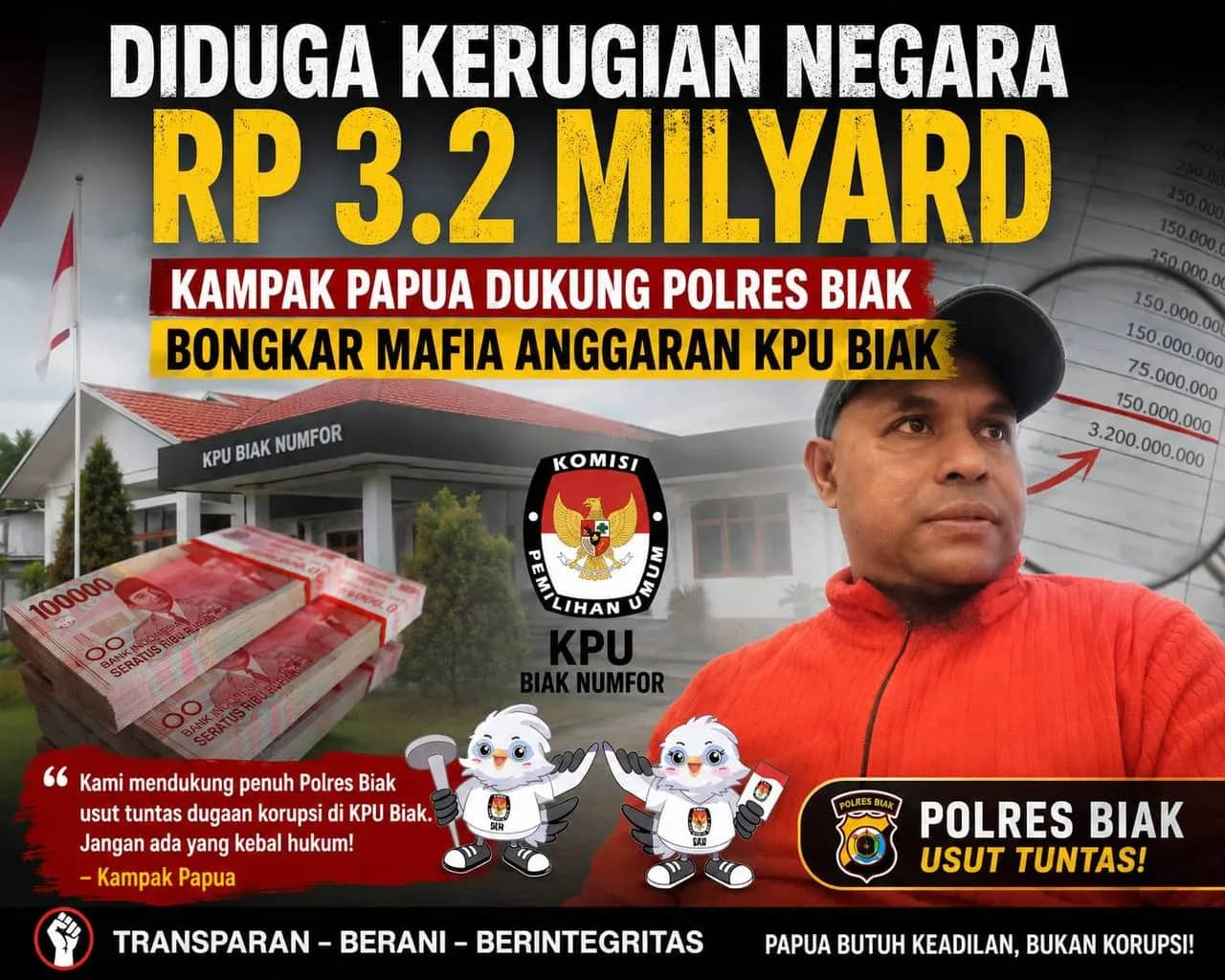 Ilustrasi berita Papua: Diduga Korupsi Dana Hibah KPU Biak Rp3,2 Miliar, LSM Kampak Papua Dukung Penyelidikan Polres
