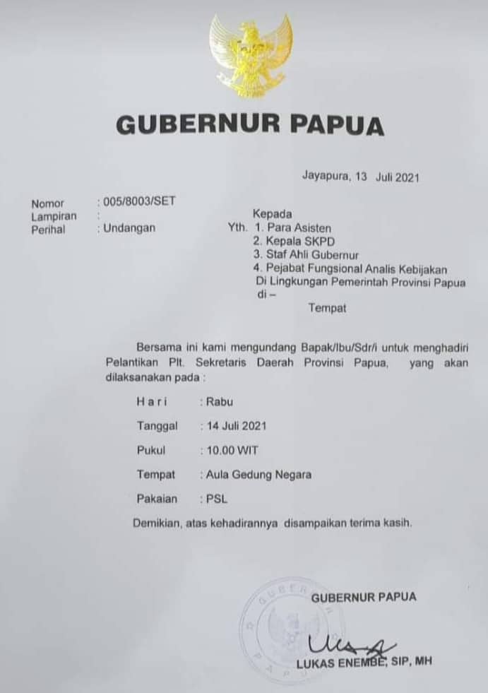 Ilustrasi berita Papua: Besok, Gubernur Enembe Lantik M. Ridwan Rumasukun Jadi PLT. Sekda Papua Gantikan Dance Flasy