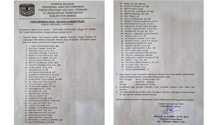 Ilustrasi berita Mimika: Ini 61 Nama Pejabat Pemda Mimika yang Lolos Seleksi Administrasi Lelang Jabatan Eselon II, Dianggap Mengundurkan Diri Jika…