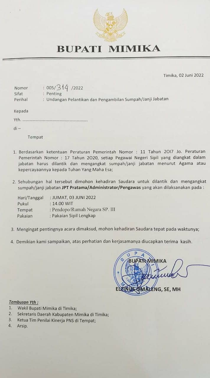 Ilustrasi berita Mimika: Pelantikan dan Pengambilan Sumpah Janji 15 Pejabat Eselon II Pemda Mimika Digelar Jam 2 Siang
