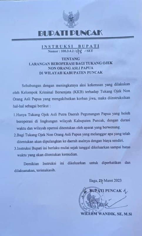 Ilustrasi berita Papua: Bupati Puncak Keluarkan Instruksi Tukang Ojek Non Papua Dilarang Beroperasi