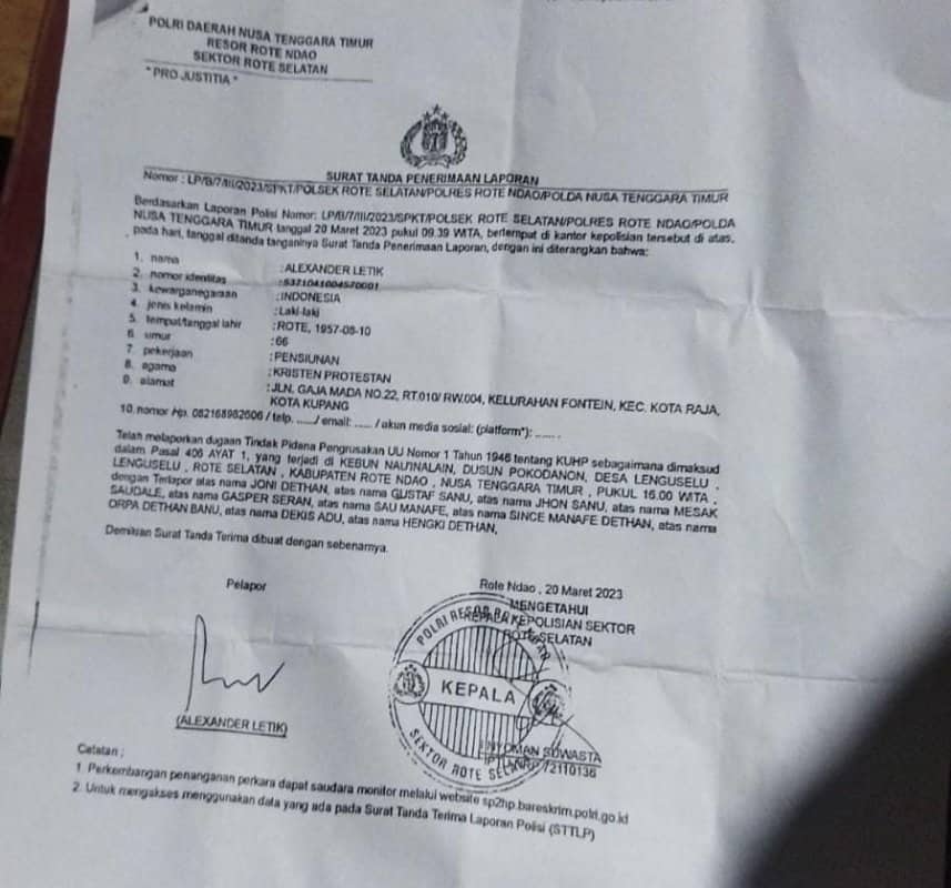 Ilustrasi berita Nasional: Diduga Serobot Lahan dan Duplikat Sertifikat, Kades Lenguselu Rote Ndao Dipolisikan Warga