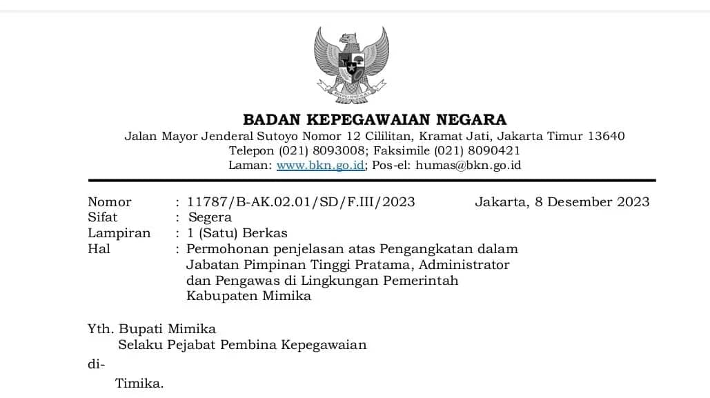 Ilustrasi berita Mimika: Temukan Pelanggaran, BKN Perintahkan Bupati Mimika Segera Klarifikasi "Rolling Brutal" Pejabat, Paling Lambat 22 Desember 2023