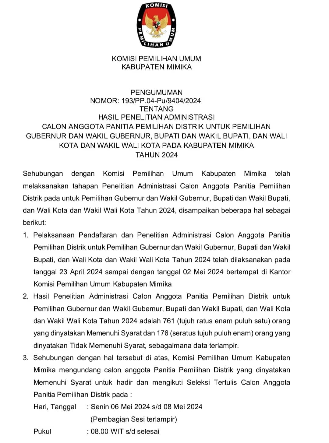 Ilustrasi berita Mimika: 761 Peserta Dinyatakan Lolos Penelitian Administrasi Calon PPD Pilkada 2024