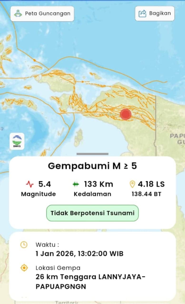 Ilustrasi berita BERITA UTAMA: Hari Pertama Tahun 2026, Lanny Jaya Diguncang Gempa 5,4 Magnitudo
