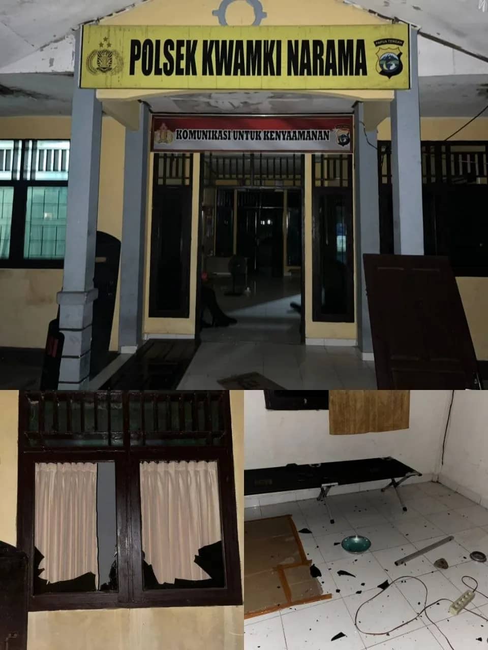 Tampak kondisi Kantor Polsek Kwamki Narama usai diserang warga, Sabtu (29/8).
