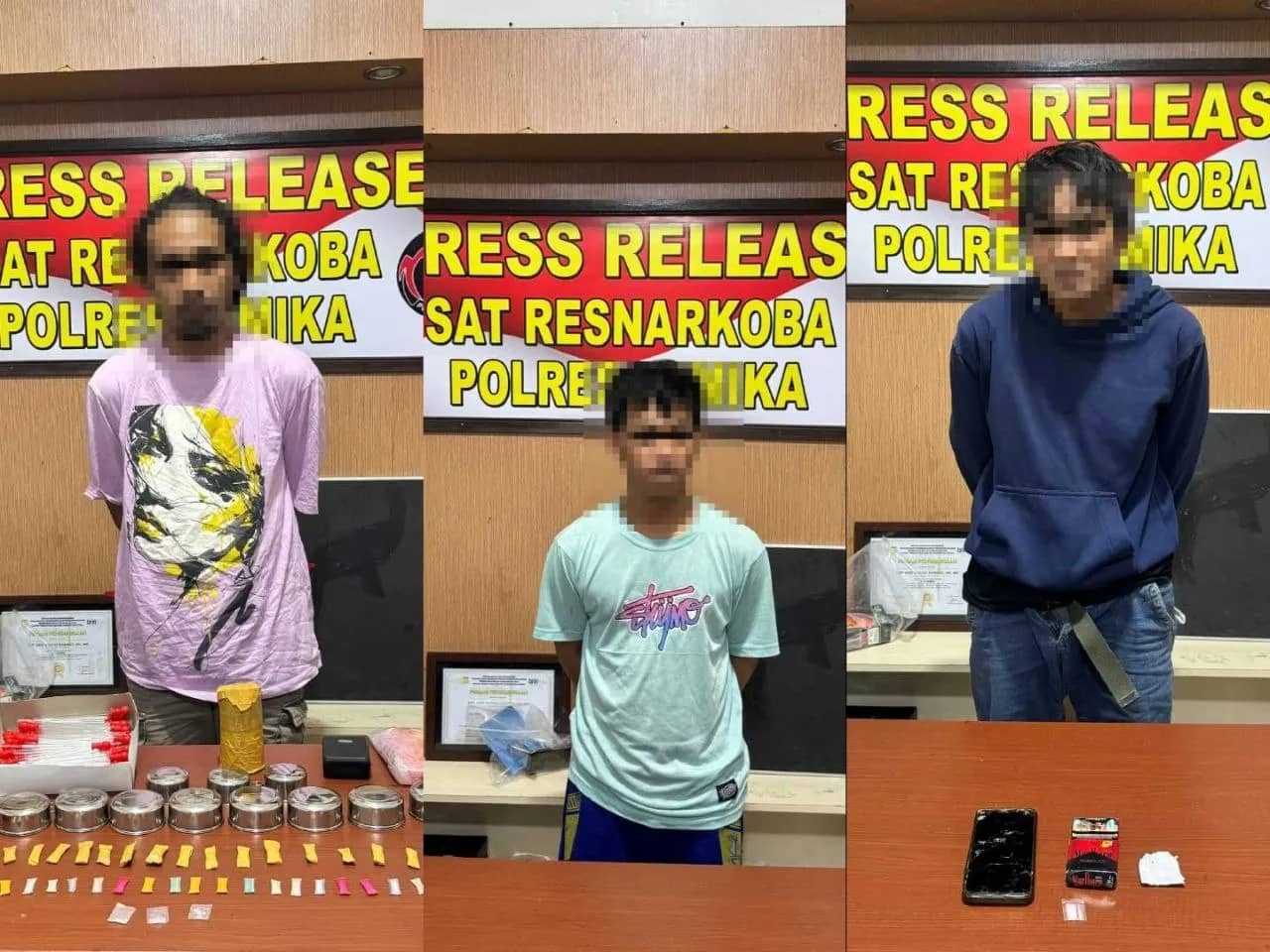Ketiga pelaku saat diamankan Sat Resnarkoba Polres Mimika.