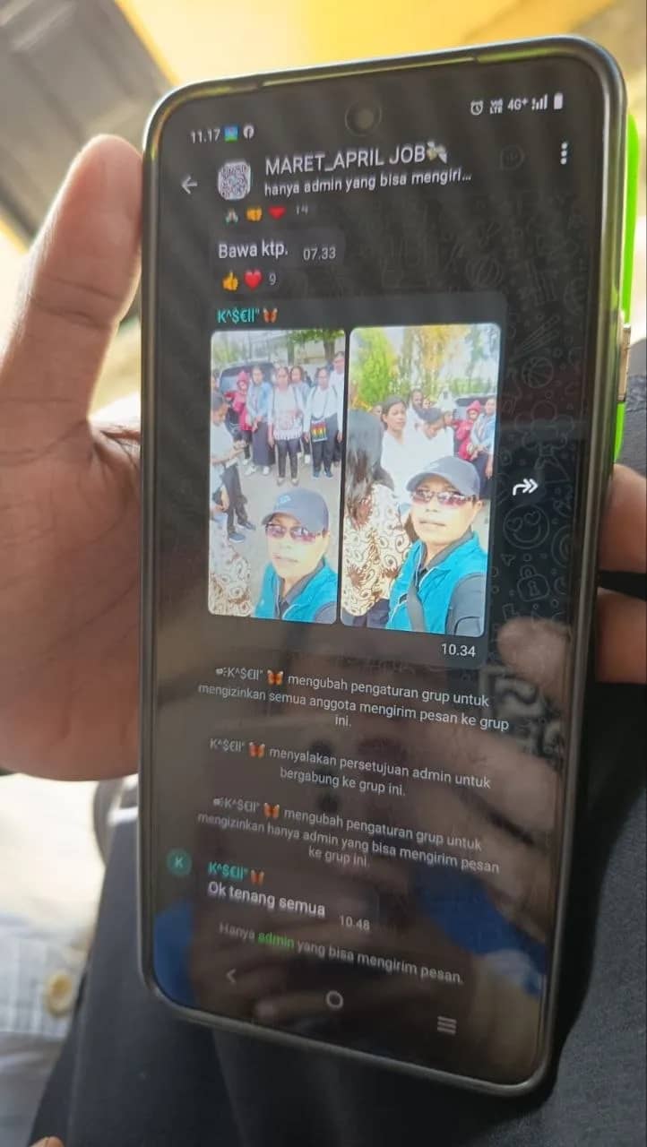Grup WhatsApp yang digunakan para terduga pelaku untuk menjaring korbannya dalam penipuan lowongan kerja.