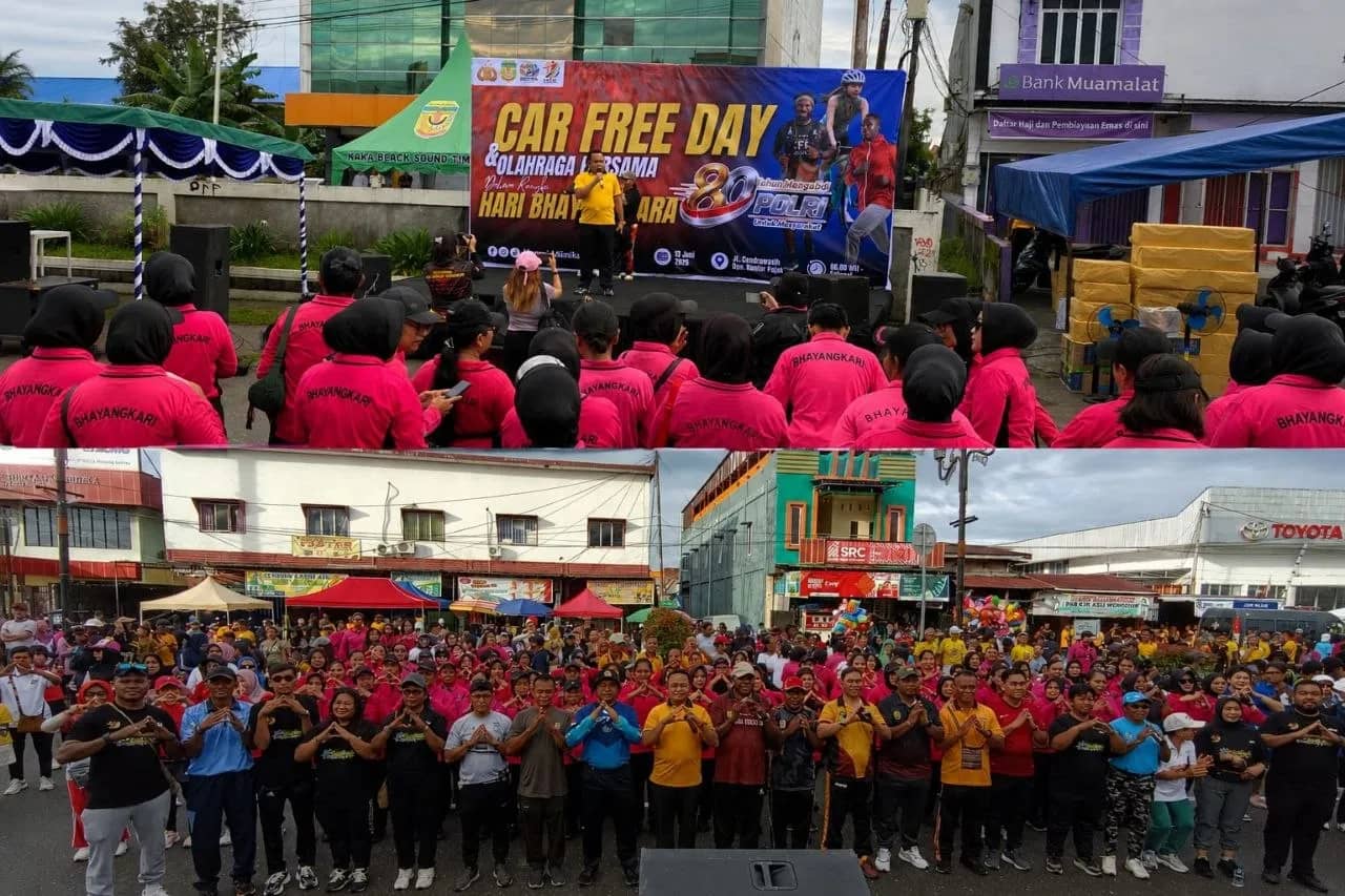 Kapolres Mimika AKBP Billyandha Hildiario Budiman saat membuka kegiatan Olahraga bersama dalam rangka HUT Bhayangkara ke 80 kawasan Car Free Day (CFD) di Jalan Cenderawasih, Timika, Sabtu (13/6).