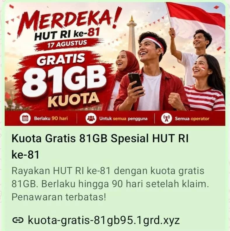 Ilustrasi berita Hukum: Waspada! Link Kuota Internet Gratis 81 GB Kembali Beredar Saat HUT RI ke-81, Diduga Modus Phishing