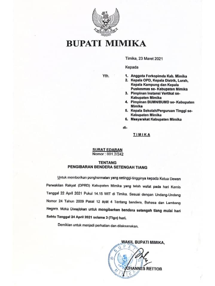 Surat Edaran Instruksi Pengibaran Bendera setengah tiang