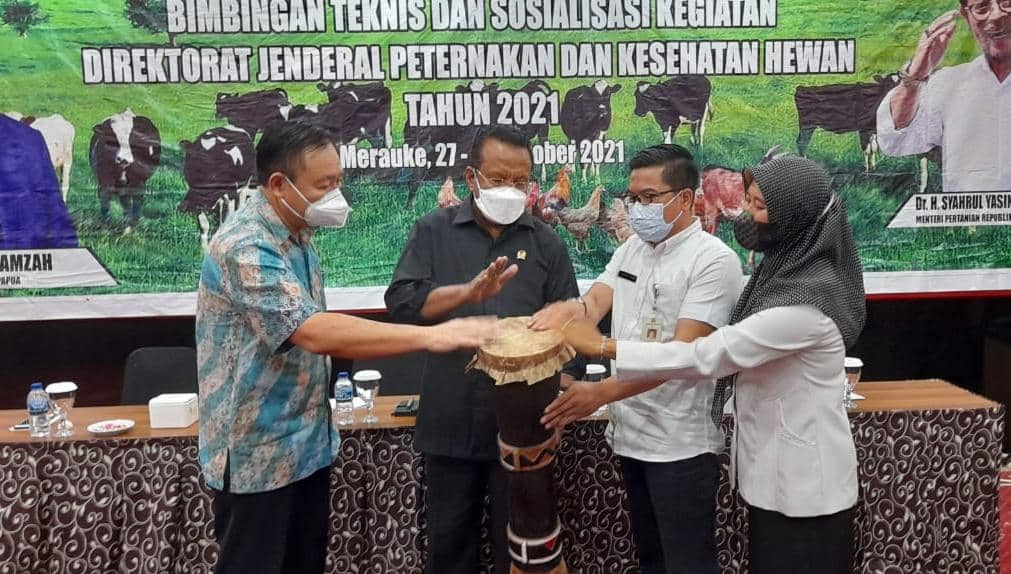 Pembukaan kegiatan bimtek oleh Anggota Komisi IV DPR-RI. H.Sulaeman L.Hamzah dengan menabuh tifa. (Foto: Hendrik)