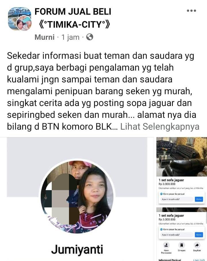 Akun Jumiyanti yang lakukan penipuan jual beli sofa