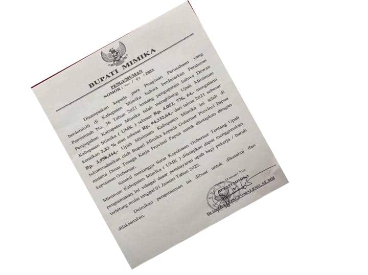 Surat pengumuman Bupati Mimika.
