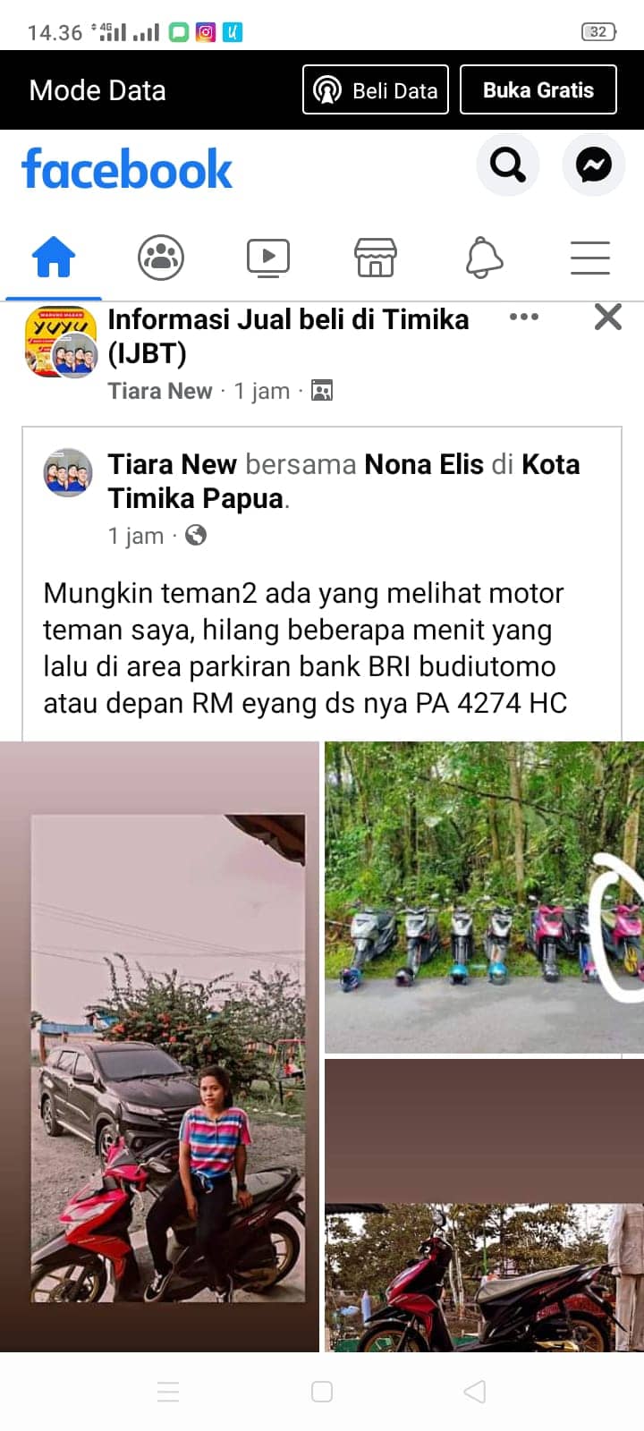 Postingan kehilangan motor yang diunggah warganet disalah satu group facebook, mendapat ratusan komentar