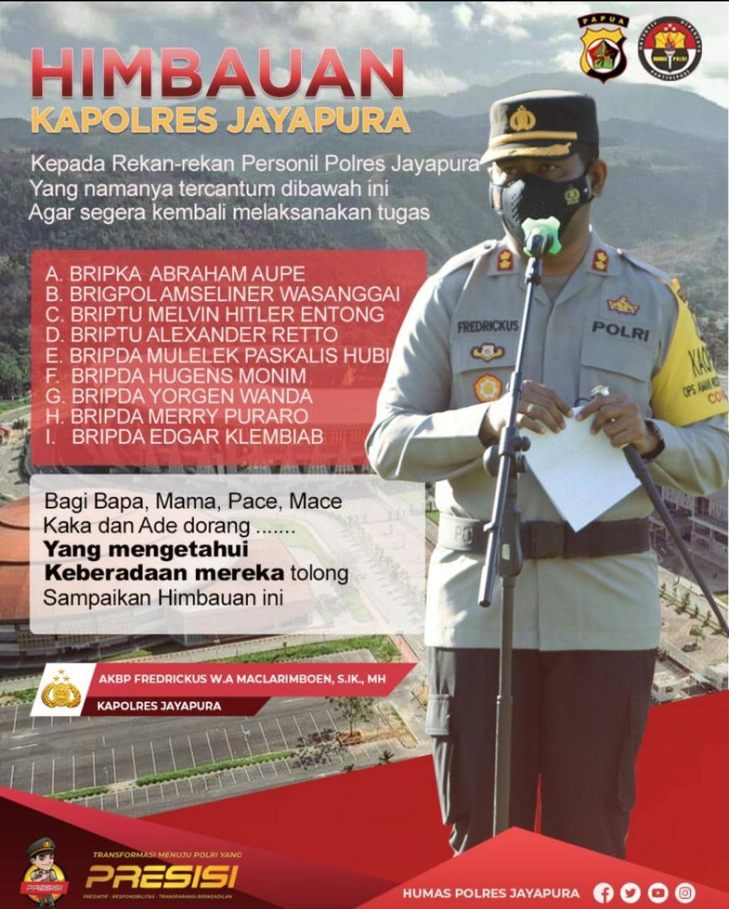 Pengumuman Kapolres Jayapura yang dimuat disejumlah media sosial.