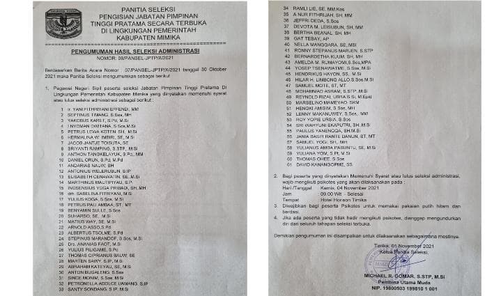 Pengumuman pejabat yang lolos seleksi administrasi.