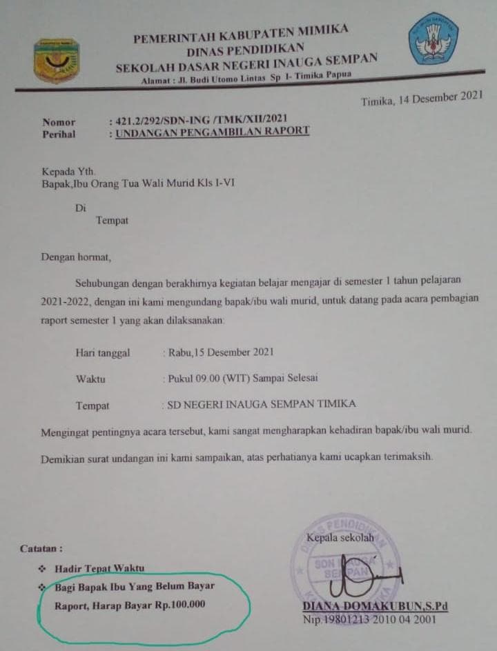 Pungutan Rp 100 ribu untuk pengambilan raport.