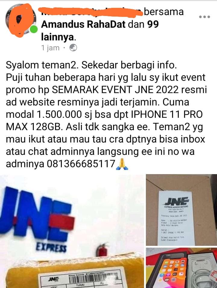 Akun facebook milik warga Timika yang diretas pelaku penipuan untuk mengirim promosi hadiah undian berhadiah (hanya tipuan) kepada para calon korban