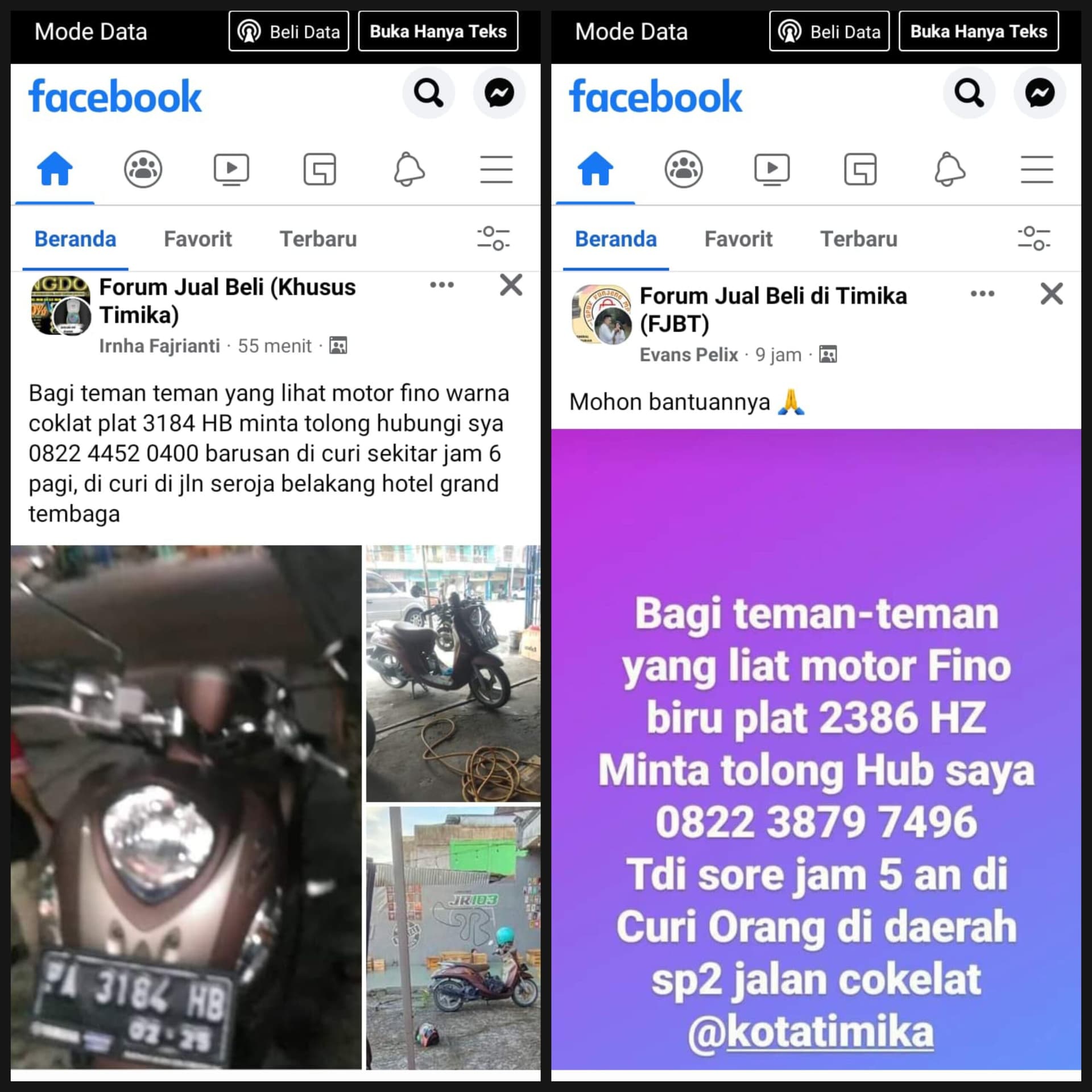 Postingan kehilangan sepeda motor.