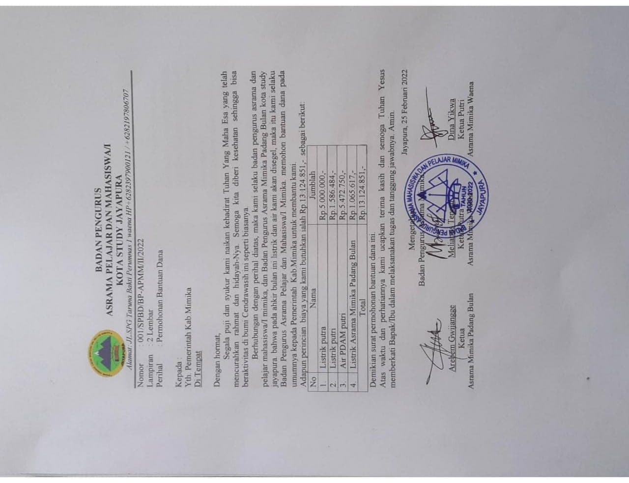 Surat permohonan bantuan dana.