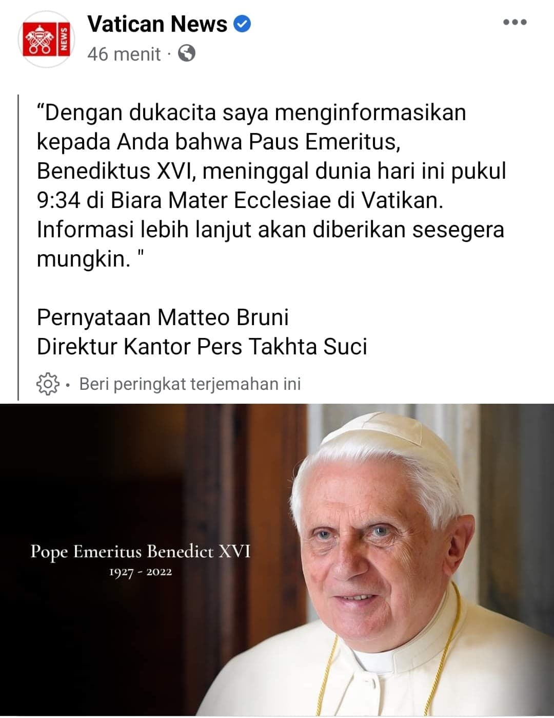 Ilustrasi berita BERITA UTAMA: Breakingnews - Paus Emeritus Benediktus XVI Meninggal Dunia