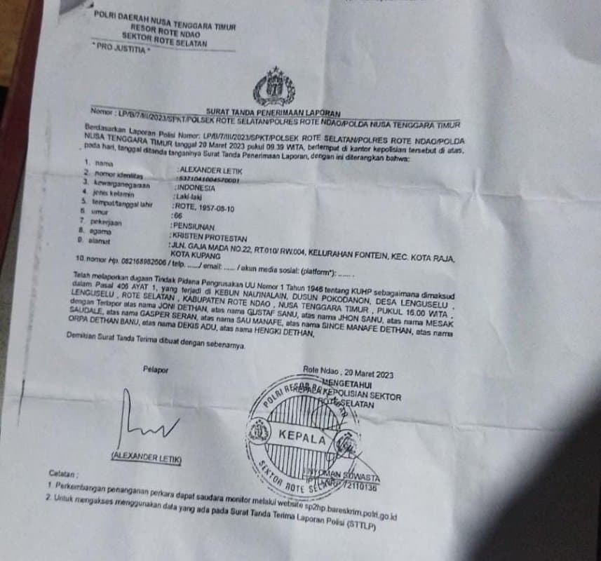 Ilustrasi berita NASIONAL: Diduga Serobot Lahan dan Duplikat Sertifikat, Kades Lenguselu Rote Ndao Dipolisikan Warga
