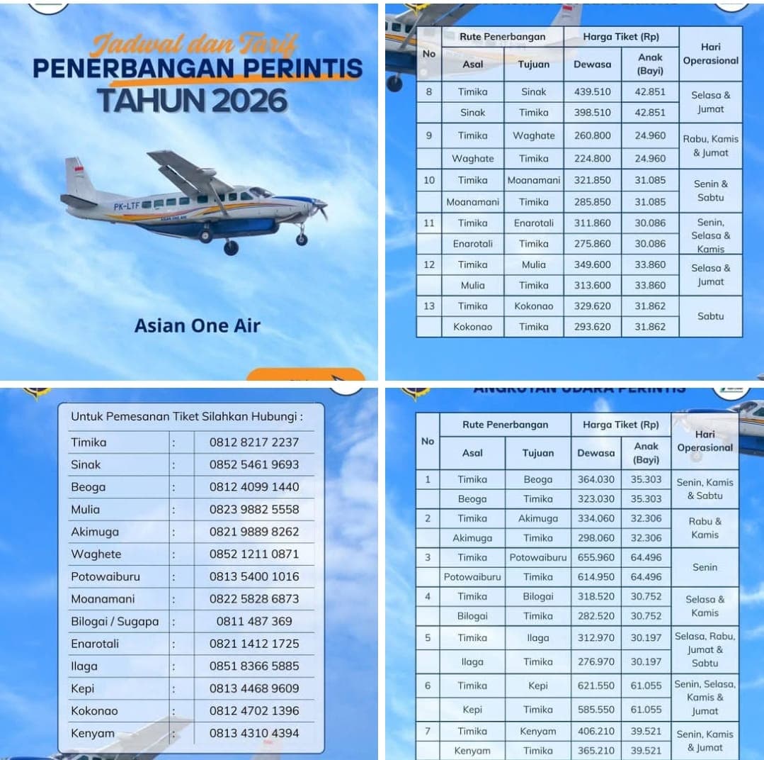 Ilustrasi berita MIMIKA: Jadwal dan Tarif Penerbangan Perintis Asian One Air Tahun 2026 Resmi Dirilis, Layani 13 Rute dari Timika