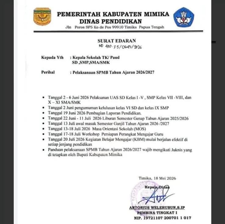 Ilustrasi berita Mimika: Dinas Pendidikan Mimika Terbitkan Edaran Kalender Pendidikan dan SPMB Tahun Ajaran 2026/2027, Ini Jadwal "Libur Panjang"