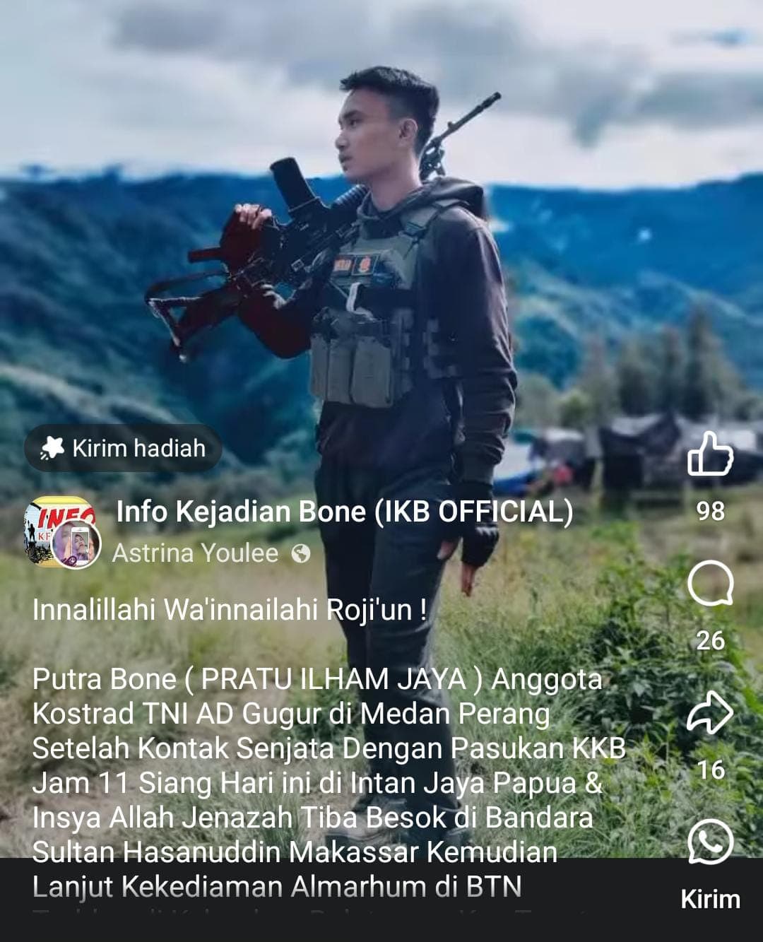 Ilustrasi berita Papua: Anggota TNI Pratu Ilham Dilaporkan Gugur Ditembak OPM di Intan Jaya, Jenazah Diterbangkan ke Makassar