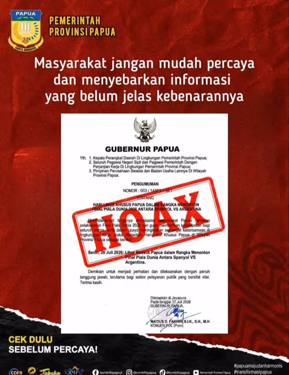 Nampak pemberitahuan resmi Diskominfo terkait hoax surat edaran Gubernur Papua tentang libur khusus final piala dunia.