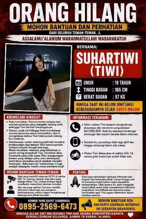 Selebaran informasi terkait hilangnya Tiwi yang diunggah di media sosial.