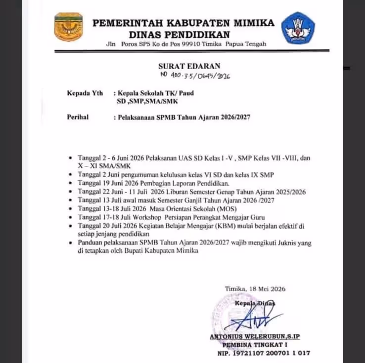 Surat Edaran Kadis Pendidikan Mimika