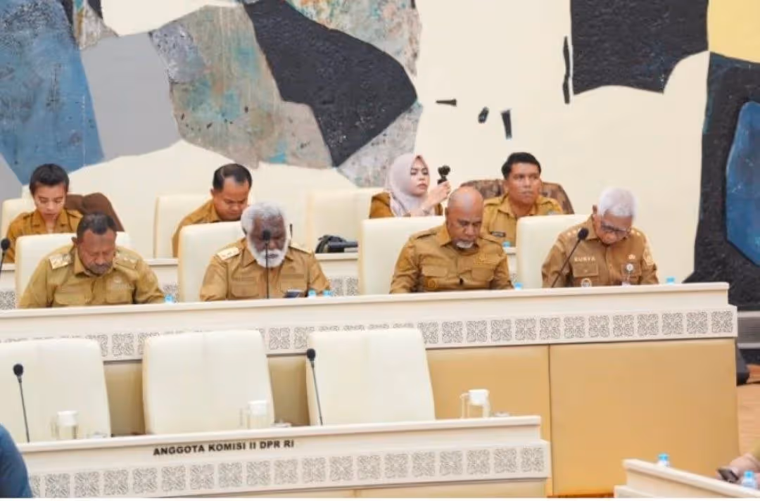 Wakil Gubernur Papua Tengah Deinas Geley (kedua dari kiri) saat mengikuti RDP dengan Komisi II DPR RI di Jakarta