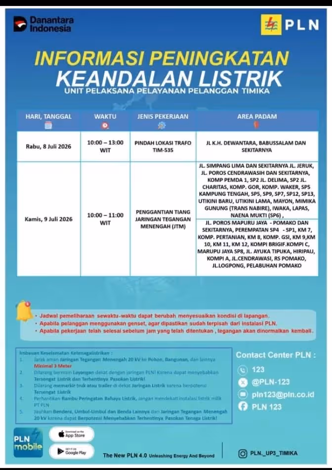 Informasi jadwal pemeliharaan dan peningkatan keandalan listrik PLN UP3 Timika.