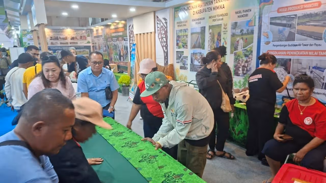 Pelaksana Tugas Kepala DTPHP Kabupaten Mimika, Abdul Haris Sudarmono bersama Ketua Dekranasda Ny Suzzy Rettob, Wakil Ketua Ny Perina Kemong serta para staf saat membereskan stand Mimika yang akan dikunjungi Menteri Pertanian, sore ini.