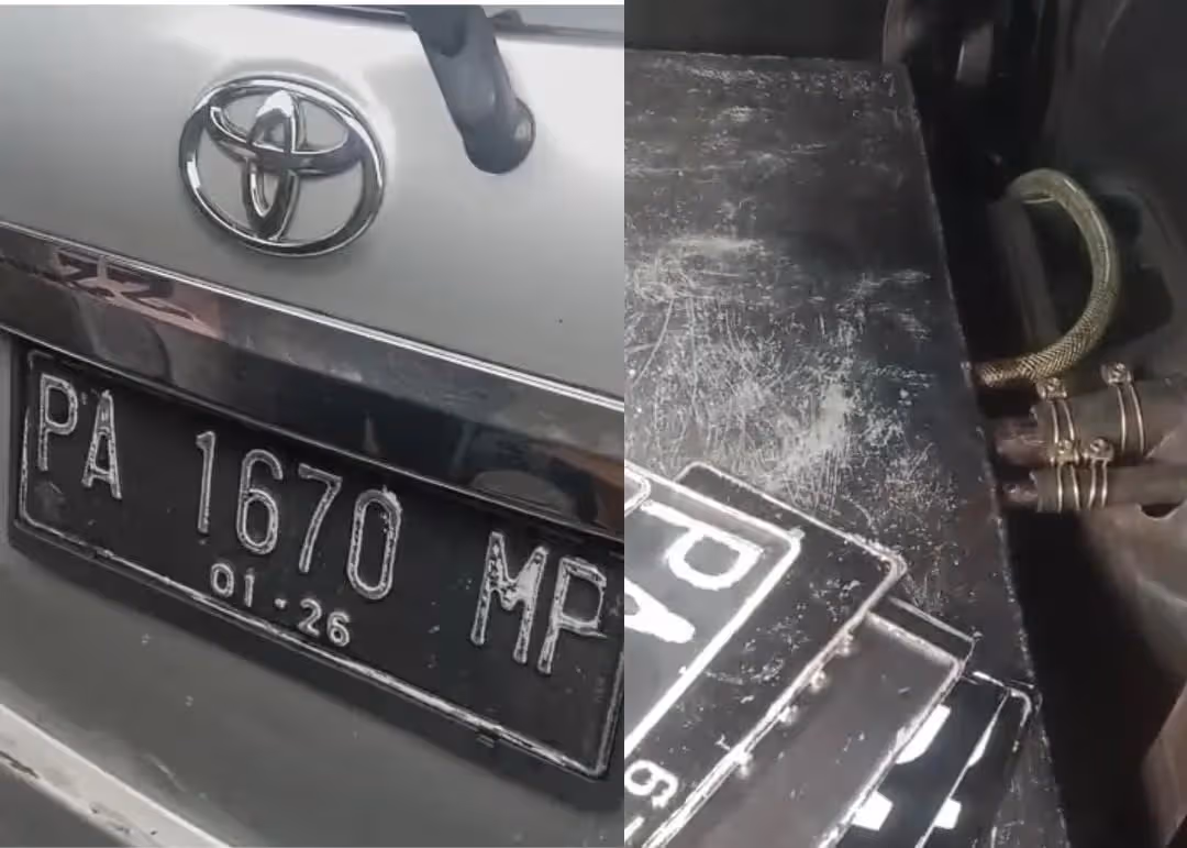Nomor polisi mobil yang diduga melakukan kecurangan dengan memodifikasi tangki BBM dan menyimpan 10 TNKB di bagian belakang kendaraan.