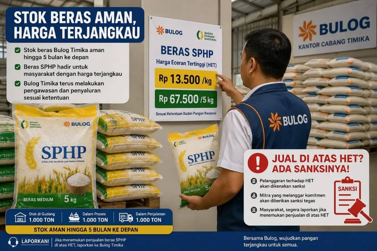 Ilustrasi berita Mimika: Perluas Pengawasan Beras SPHP, Bulog Timika Ancam Sanksi Tegas Mitra yang Jual di Atas HET