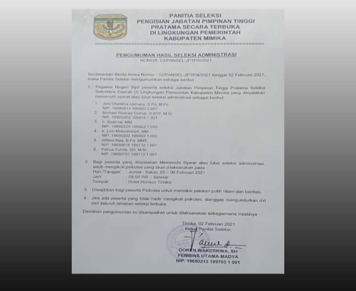 Ilustrasi berita Mimika: Beredar Nama 6 Calon Sekda Mimika yang Lolos Seleksi Administrasi