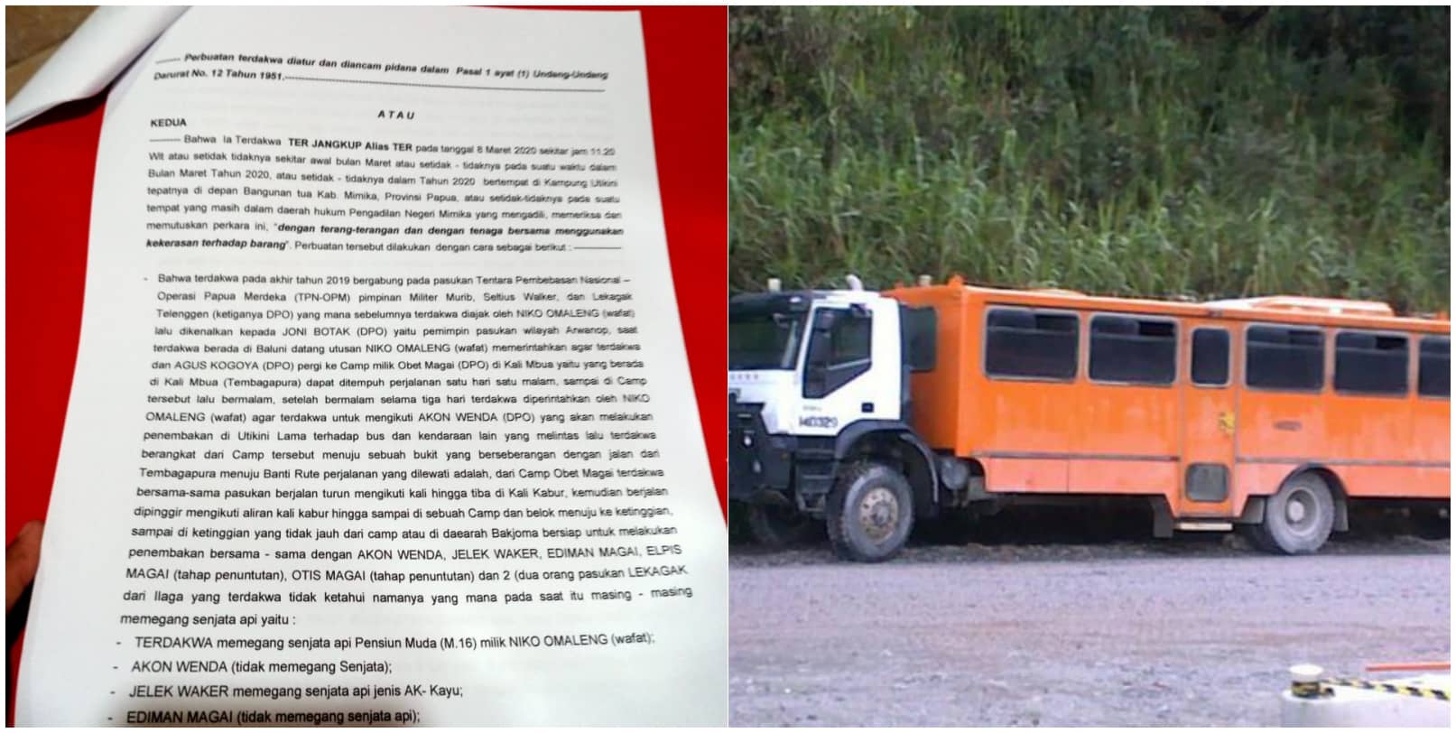 Surat dakwaan terhadap Ter Jangkuk (kiri) dan Bus PT Freeport (kanan)