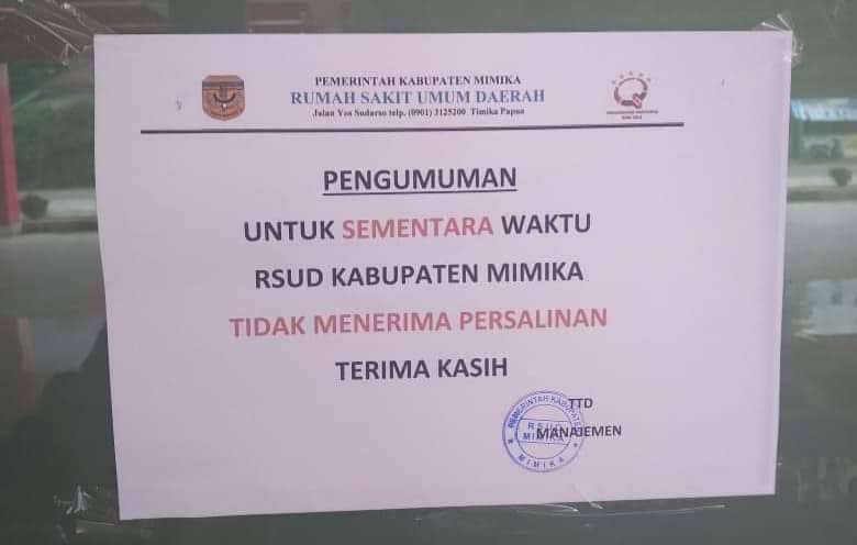 Ilustrasi berita Mimika: Beredar Foto Pengumuan RSUD Mimika Hentikan Layanan Persalinan, Ini Pernyataan Direktur