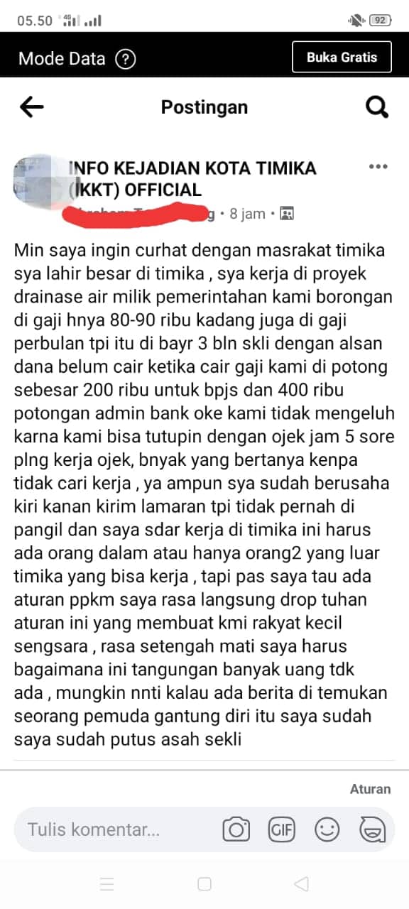 Ilustrasi berita LIFESTYLE: Viral di Facebook ! Curhatan Sedih Buruh Bangunan Akibat PPKM di Timika, Merasa Putus Asa dan Ingin Gantung Diri