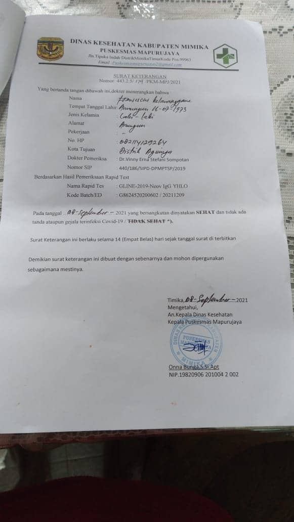 Ilustrasi berita Mimika: Beredar Surat Rapid Test Keluaran Puskesmas Mapurujaya, Begini Jawaban Kepala Dinkes Mimika