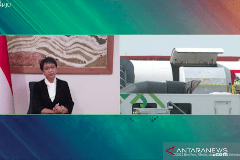 Menteri Luar Negeri Retno Marsudi saat menyampaikan keterangan pers secara virtual tentang kedatangan vaksin COVID-19 dari Amerika Serikat
