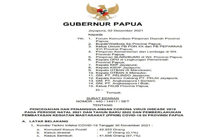 Ilustrasi berita Papua: Pemprov Papua Terbitkan Surat Edaran PPKM Jelang Natal dan Tahun Baru