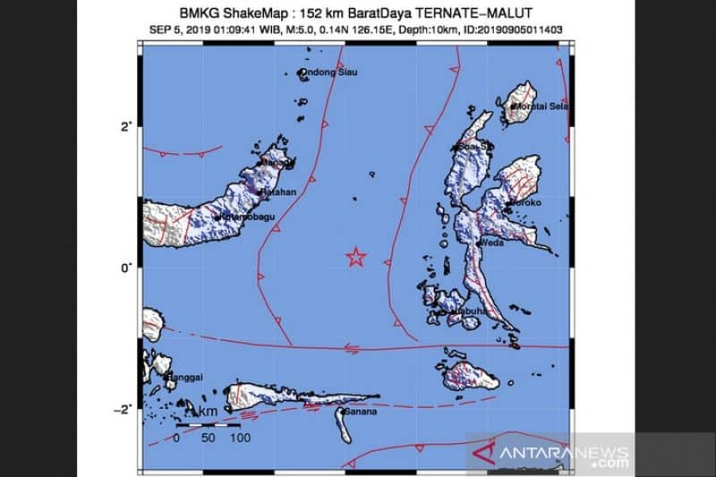 Ilustrasi tangkapan layar gempa bumi mengguncang Barat Daya Ternate, Maluku Utara, Kamis (30/12/2021) pukul 01.09 WIB.