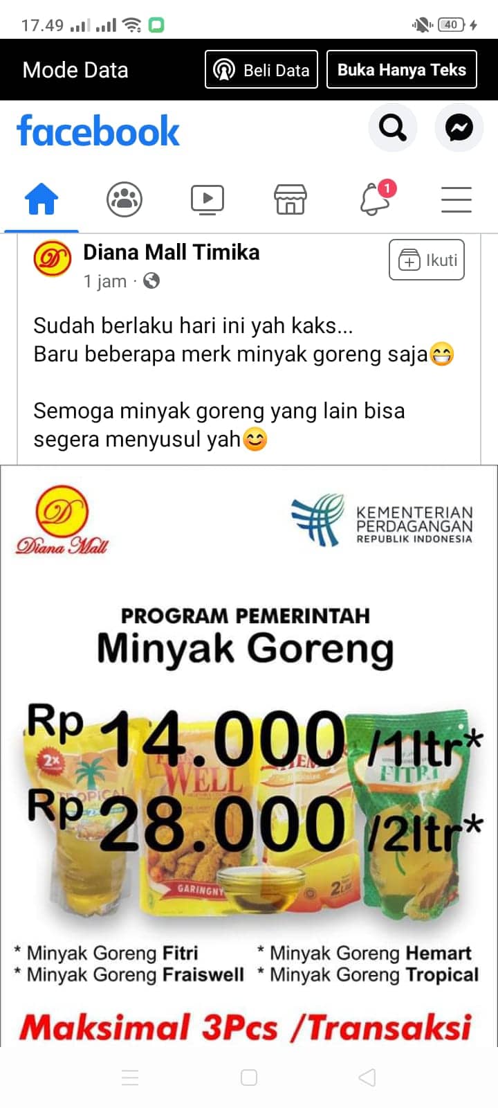 Ilustrasi berita Mimika: Kebijakan Satu Harga, Diana Shopping Centre Jual 4 Merek Minyak Goreng Rp 14 Ribu Perliter