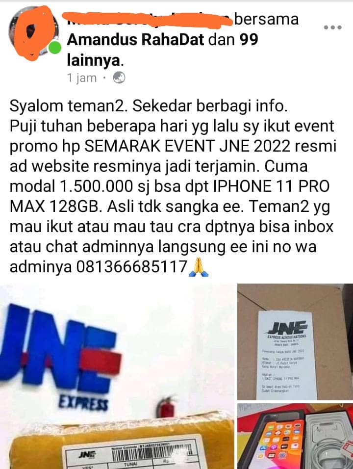 Akun facebook milik warga Timika yang diretas pelaku penipuan untuk mengirim promosi hadiah undian berhadiah (hanya tipuan) kepada para calon korban