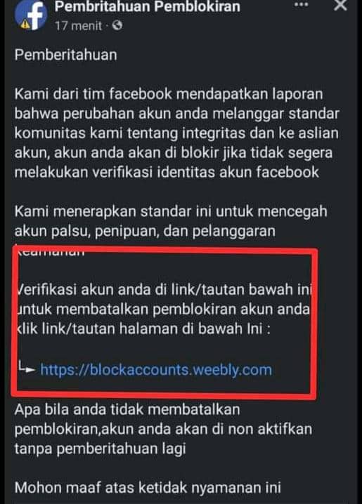 Akun Palsu pemberitahuan pemblokiran.