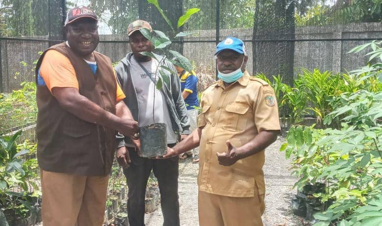 Penyerahan Pohon secara simbolis dari Kepala UPTD KPHL Unit VI, Maksi Homer, kepada Panitia Rekonsiliasi Mimika Wee, Benediktus Kareyau di penangkaran bibit KPHL, jalan poros Timika-Pomako, Kadun Jaya-Timika. (15/3)